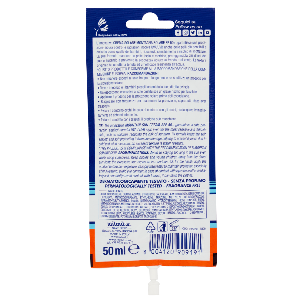 Delice Solaire Crema Solare Montagna Protezione Molto Alta Pelli Sensibili e Delicate 50+ 50 ml