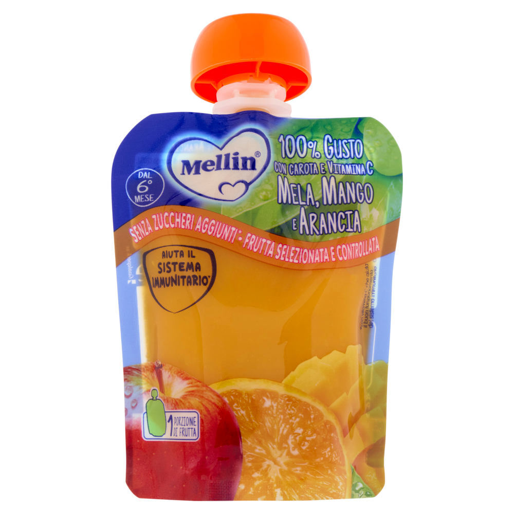 MELLIN Merenda di Frutta 100% con Carota, Arancia e Mango, a partire dal 6&deg; mese, Pouch 90 g