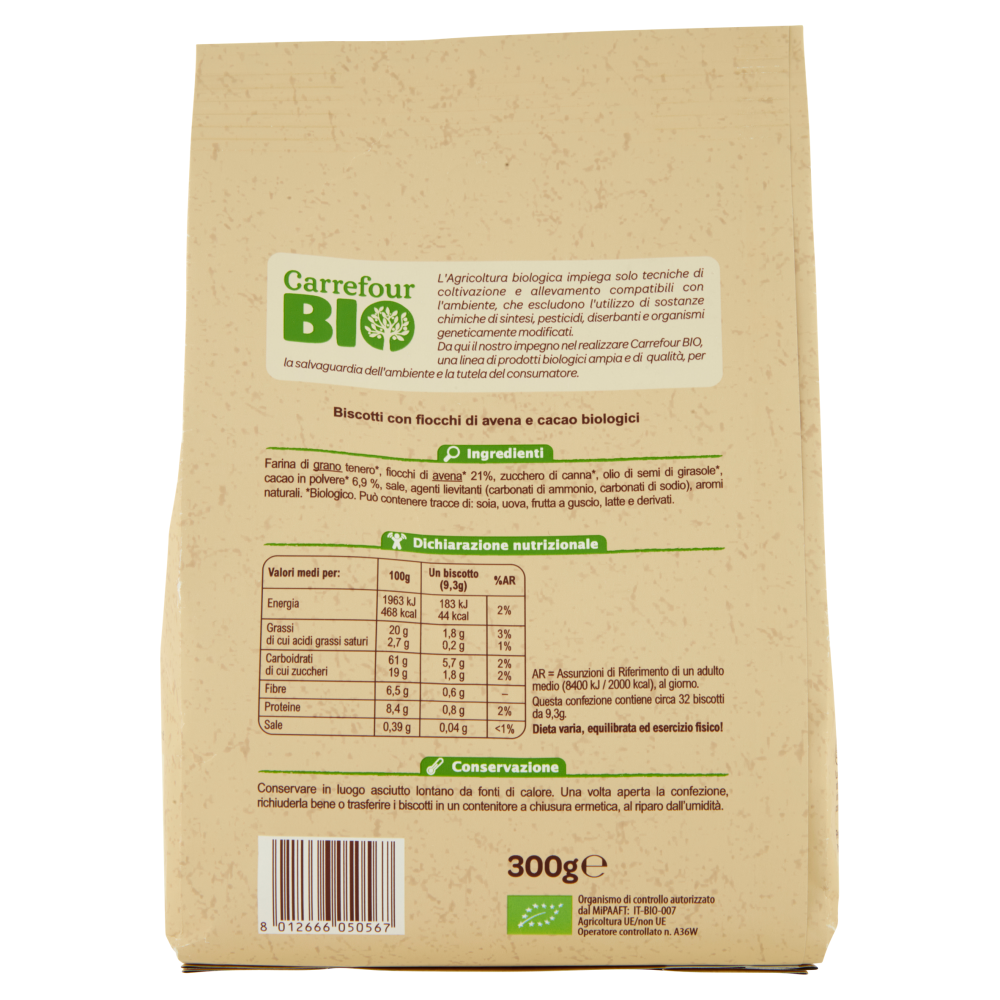 Carrefour Bio Biscotti con fiocchi di avena e cacao 300 g