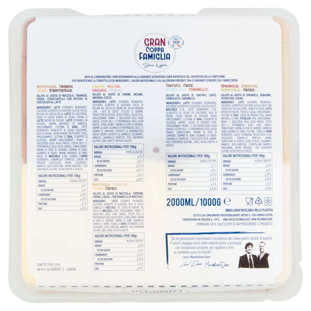 tonitto Gran Coppa Famiglia Gelato al Gusto di Nocciola, Torrone, Crema, Cacao 1000 g