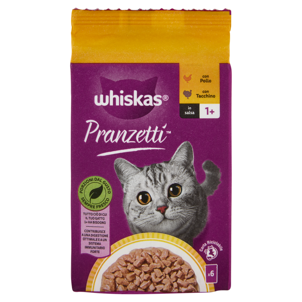 Whiskas Pranzetti Cibo Umido Gatto con Pollo e Tacchino in Salsa 6x50g