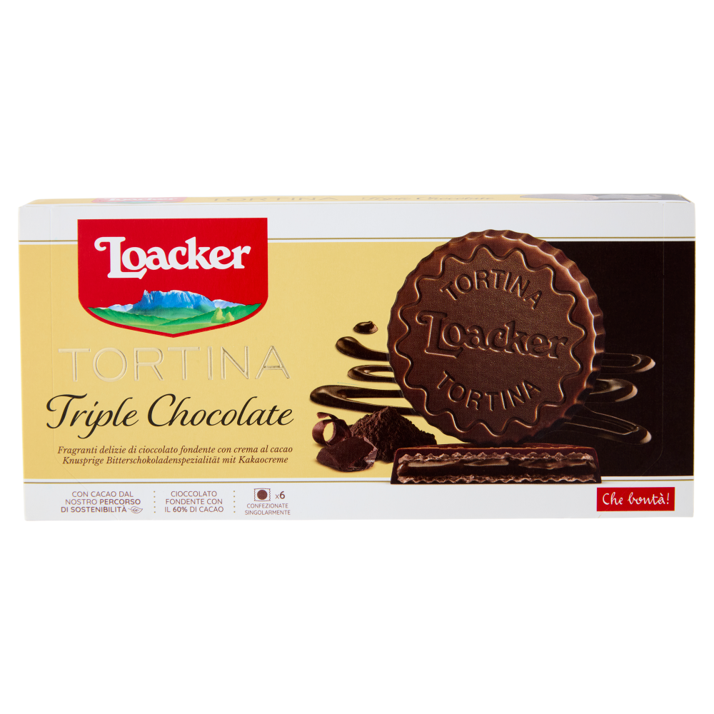 Loacker Tortina Triple Chocolate Wafer ricoperto di Cioccolato Fondente con crema al Cacao 21gx6