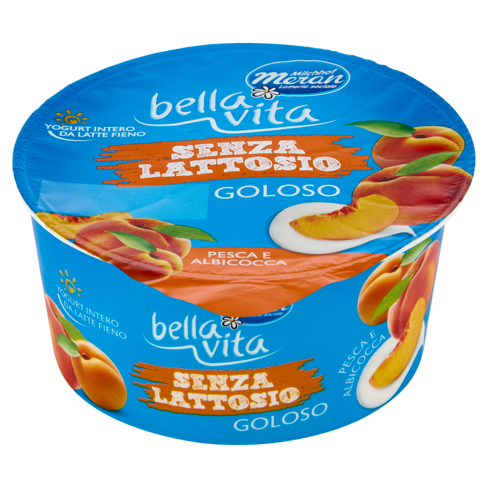 bella vita Yogurt Intero da Latte Fieno Senza Lattosio Goloso Pesca e Albicocca 150 g