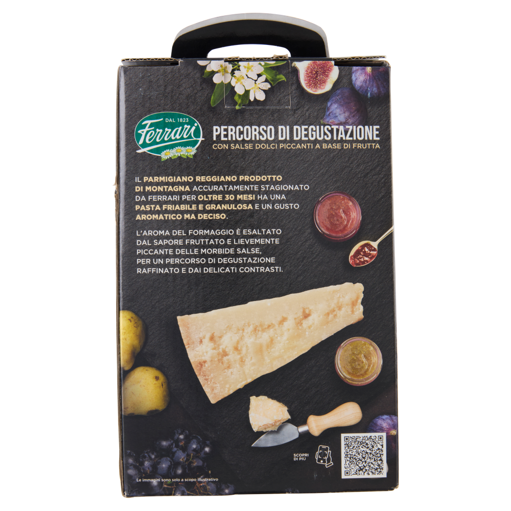 Ferrari Parmigiano Reggiano DOP Prodotto di Montagna oltre 30 mesi 300g con Salse di Fichi e Pere 