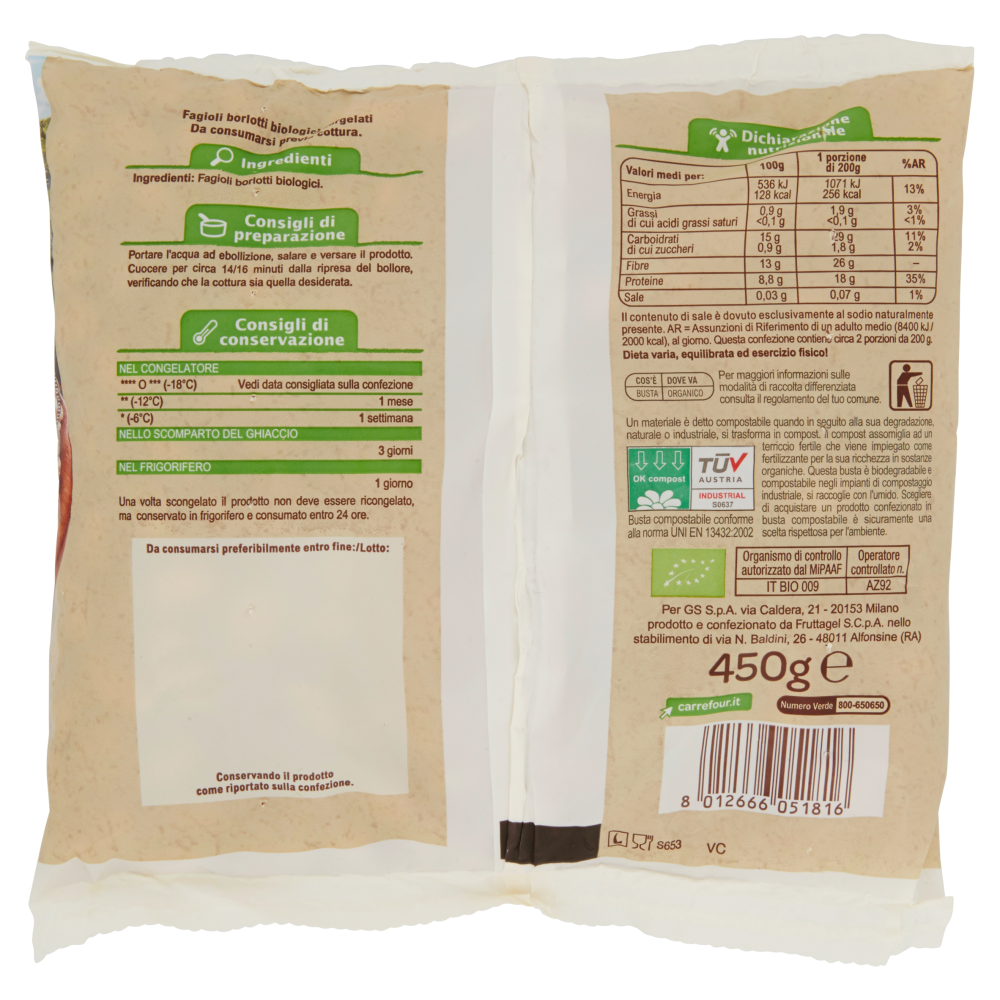 Carrefour Bio Fagioli borlotti surgelati Biologici 450 g