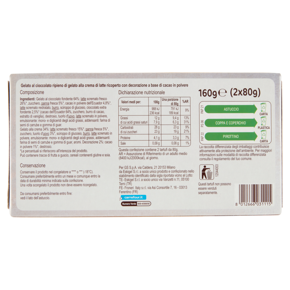 Carrefour Sensation Tartufo Nero con Cuore alla Crema 2 x 80 g