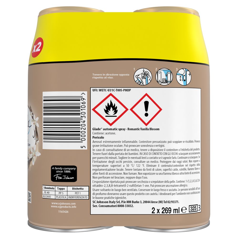Glade Automatic Spray Doppia Ricarica, Profumatore per Ambienti, Fragranza Romantic Vanilla Blossom, 2x269 ml