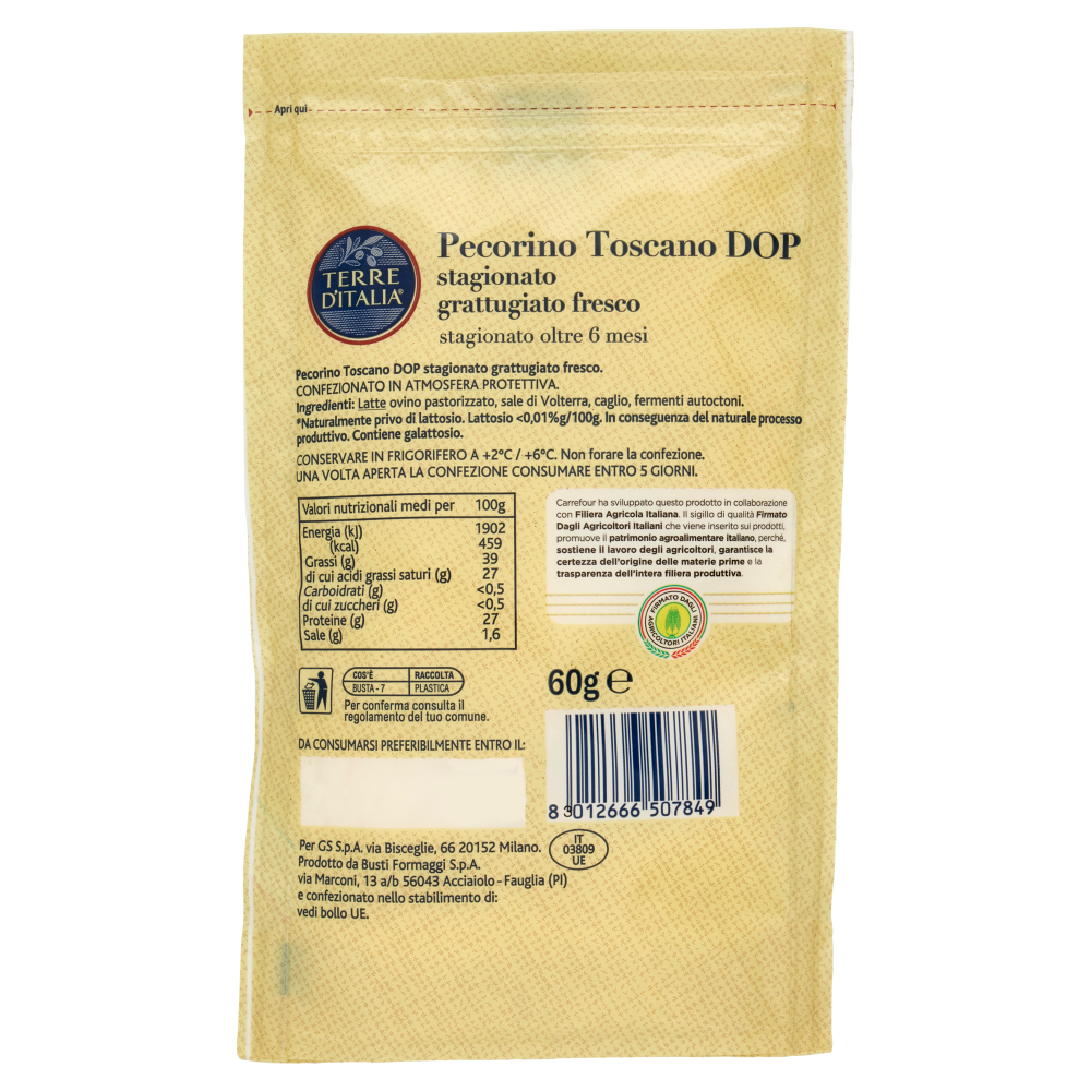Terre d'Italia Pecorino Toscano DOP stagionato grattugiato fresco 60 g