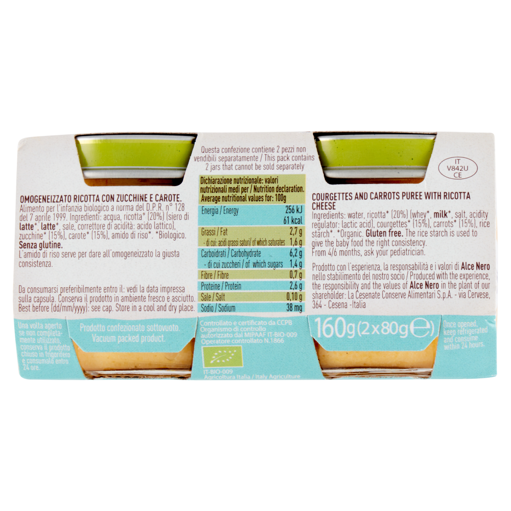 alce nero Omogeneizzato di Ricotta con Zucchine e Carote 2 x 80 g