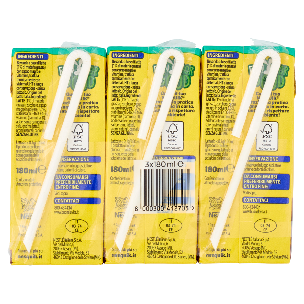 NESQUIK Pronto da Bere Senza Lattosio Latte e Cacao 3 Brick da 180ml