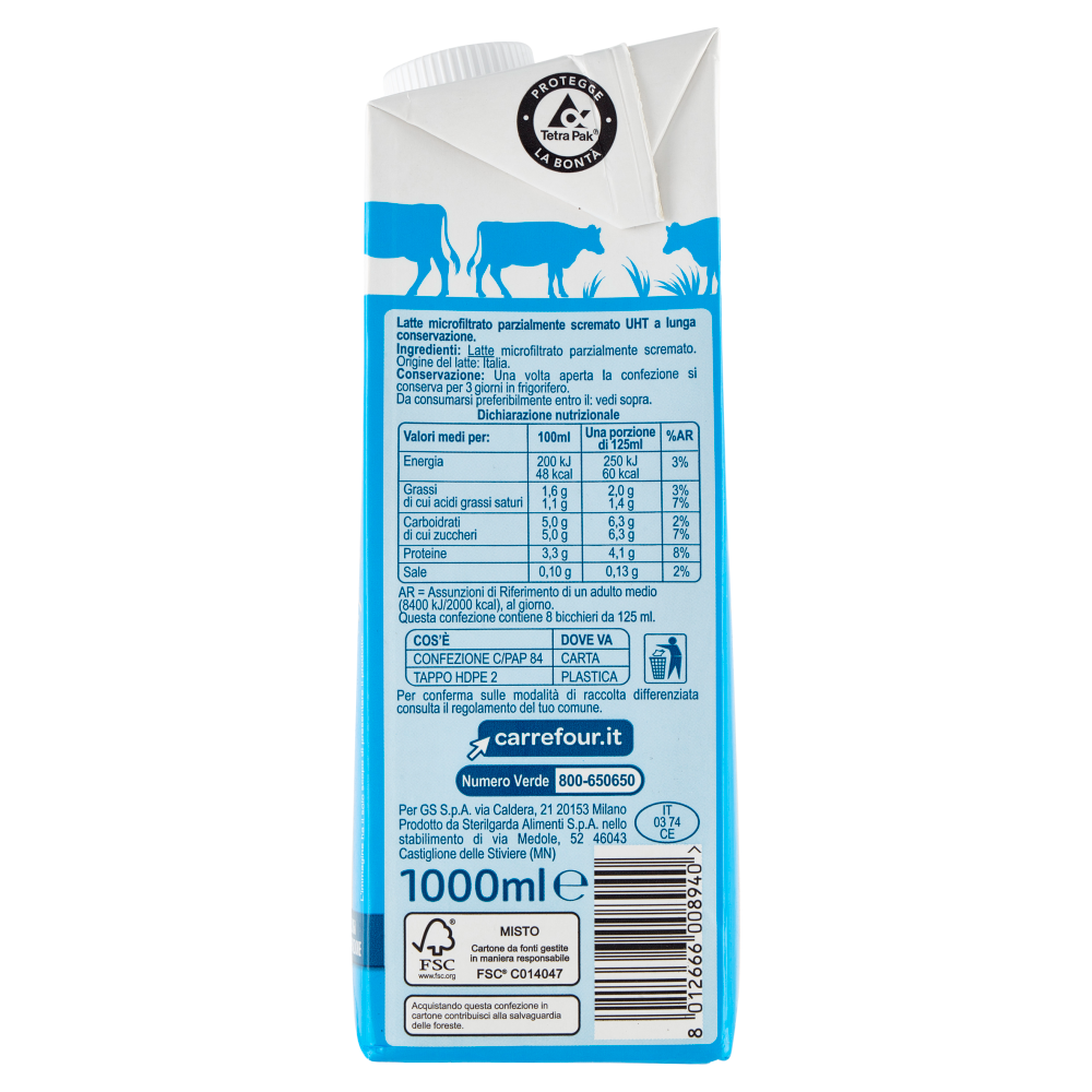Carrefour Classic Latte UHT Parzialmente Scremato Microfiltrato 1000 ml