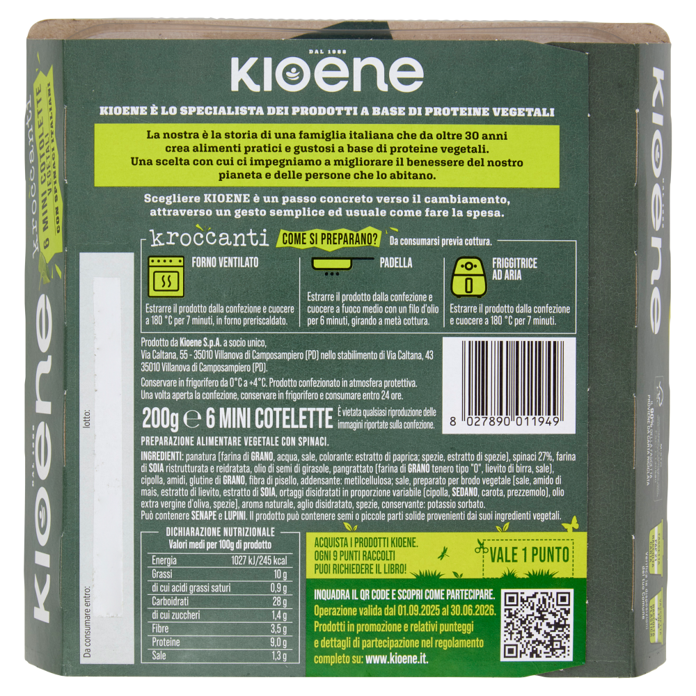 Kioene Kroccanti 6 Mini Cotolette Vegetali con Spinaci Italiani 200 g