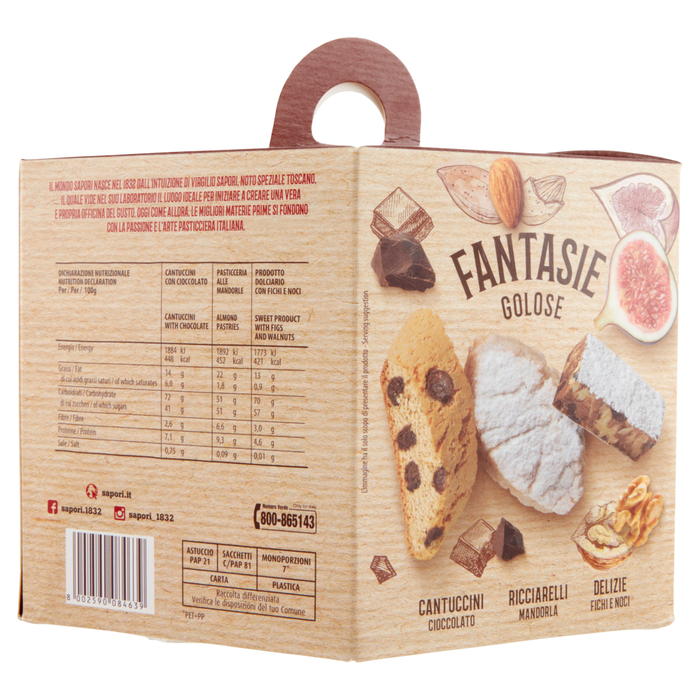 Sapori Fantasie Golose Cantuccini Cioccolato, Ricciarelli Mandorla, Delizie Fichi e Noci 381 g