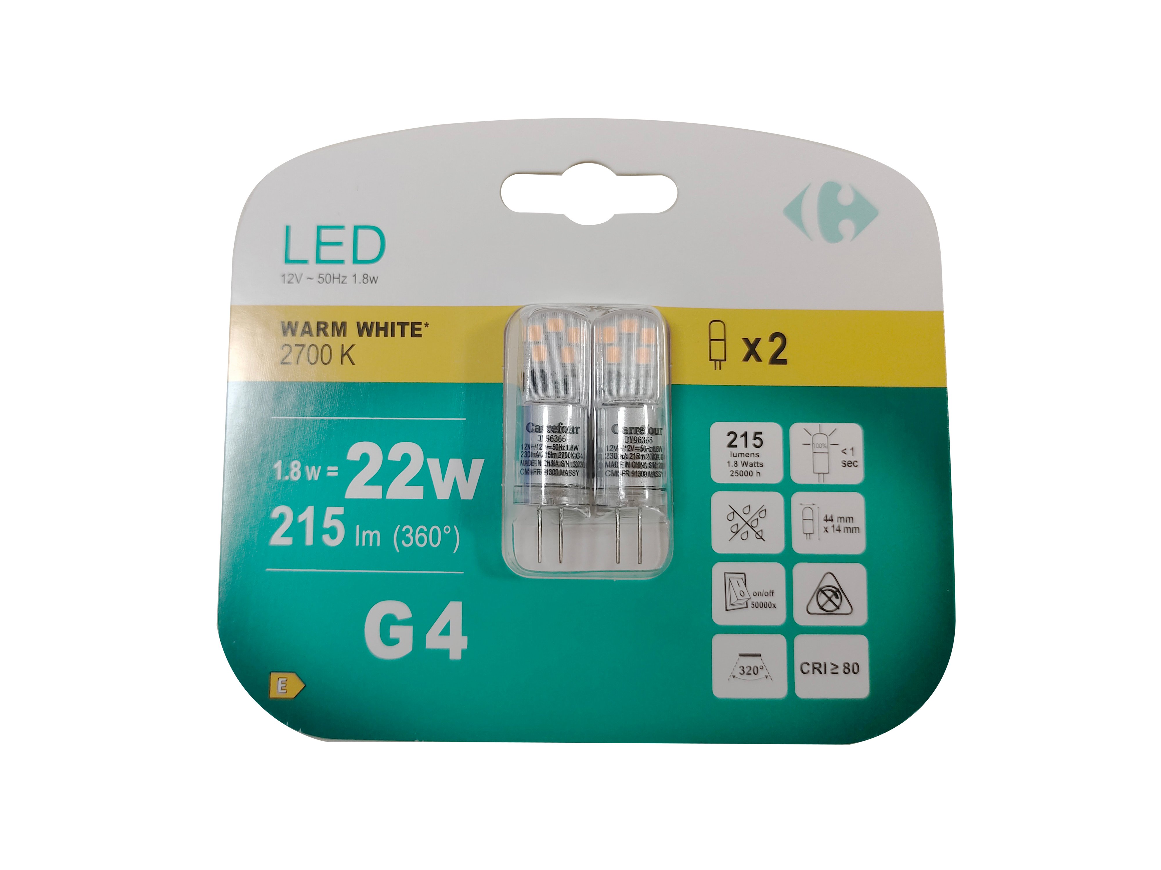 Carrefour 2 led capsula 22W, attacco G4, luce calda
