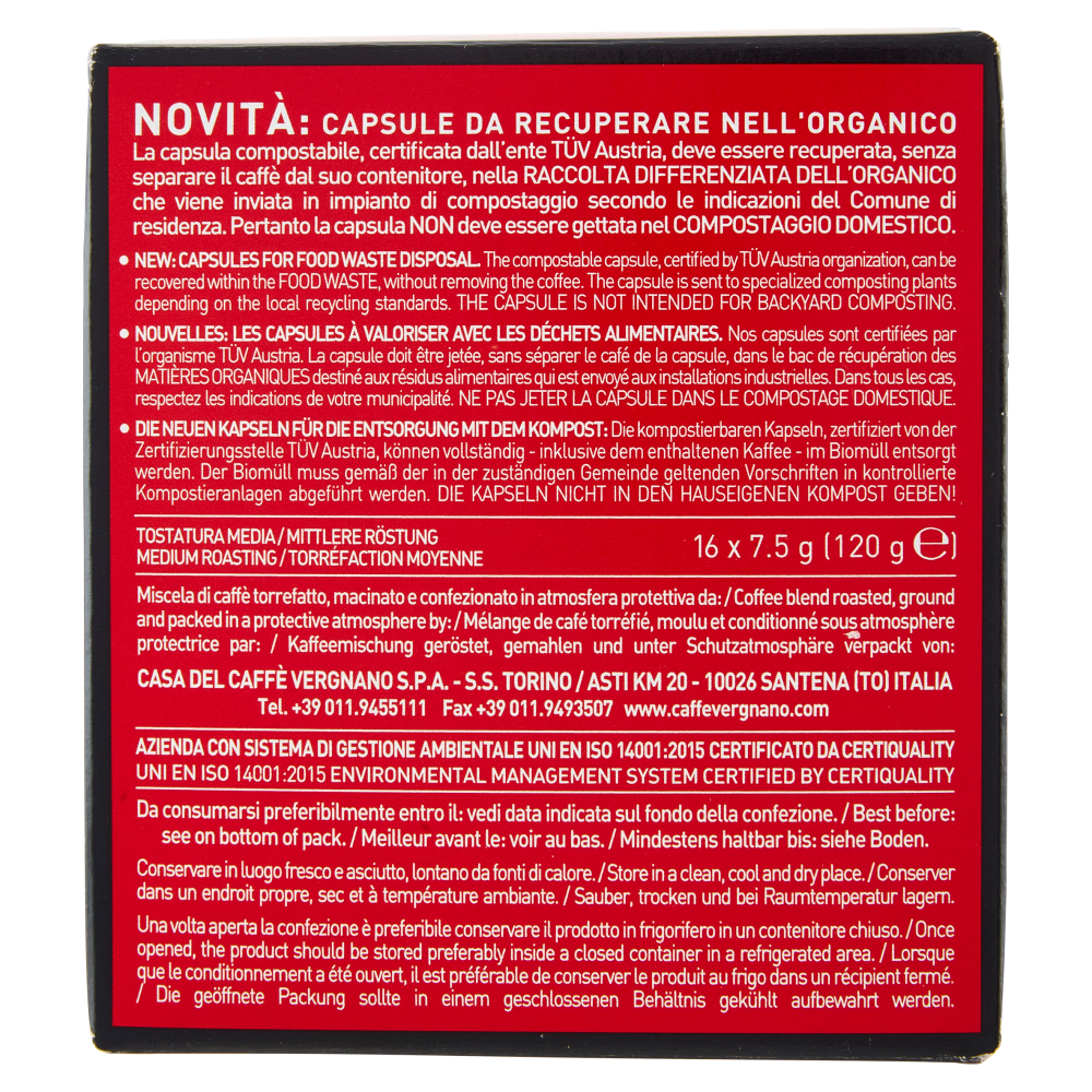 Caffè Vergnano 1882 Cremoso Compostabile** Capsule Compatibili Lavazza a Modo Mio* 16 x 7,5 g