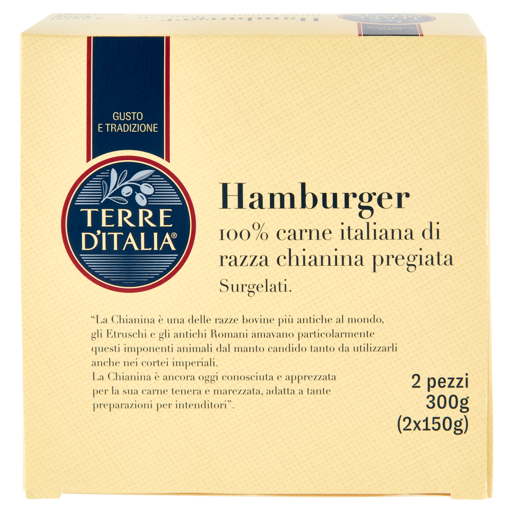 Terre d'Italia Hamburger 100% carne italiana di razza chianina pregiata Surgelati 2 x 150 g