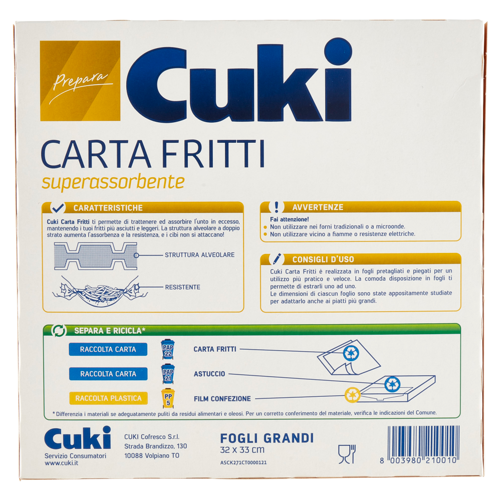 Cuki Prepara Carta Fritti superassorbente Fogli Grandi 32 x 33 cm 20 fogli