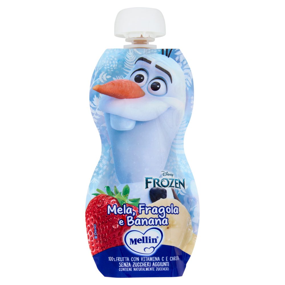MELLIN Disney Frozen Olaf Merenda di Frutta 100% con VitC, Mela Fragola e Banana, dal 9° mese, 110g