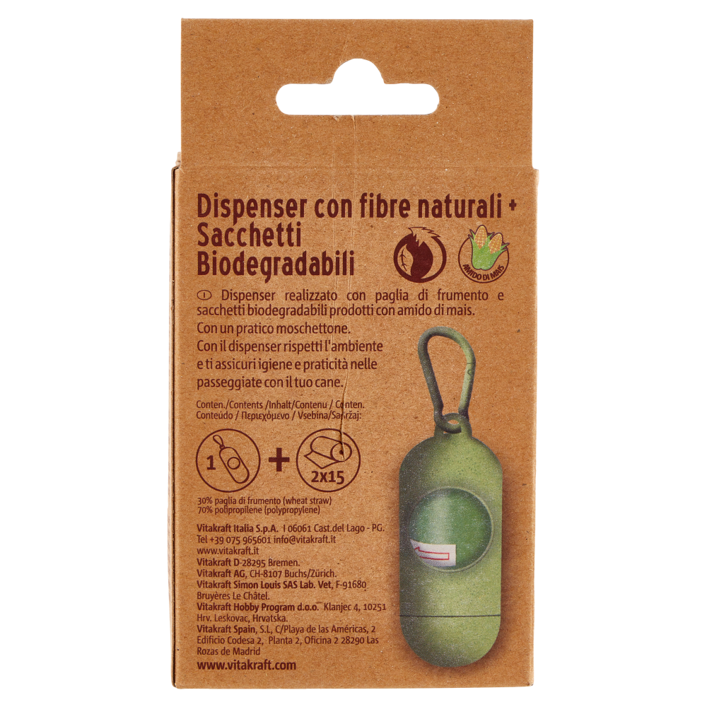 Vitakraft Care Dispenser con fibre naturali + sacchetti raccogli feci biodegradabili 2 x 15 pz