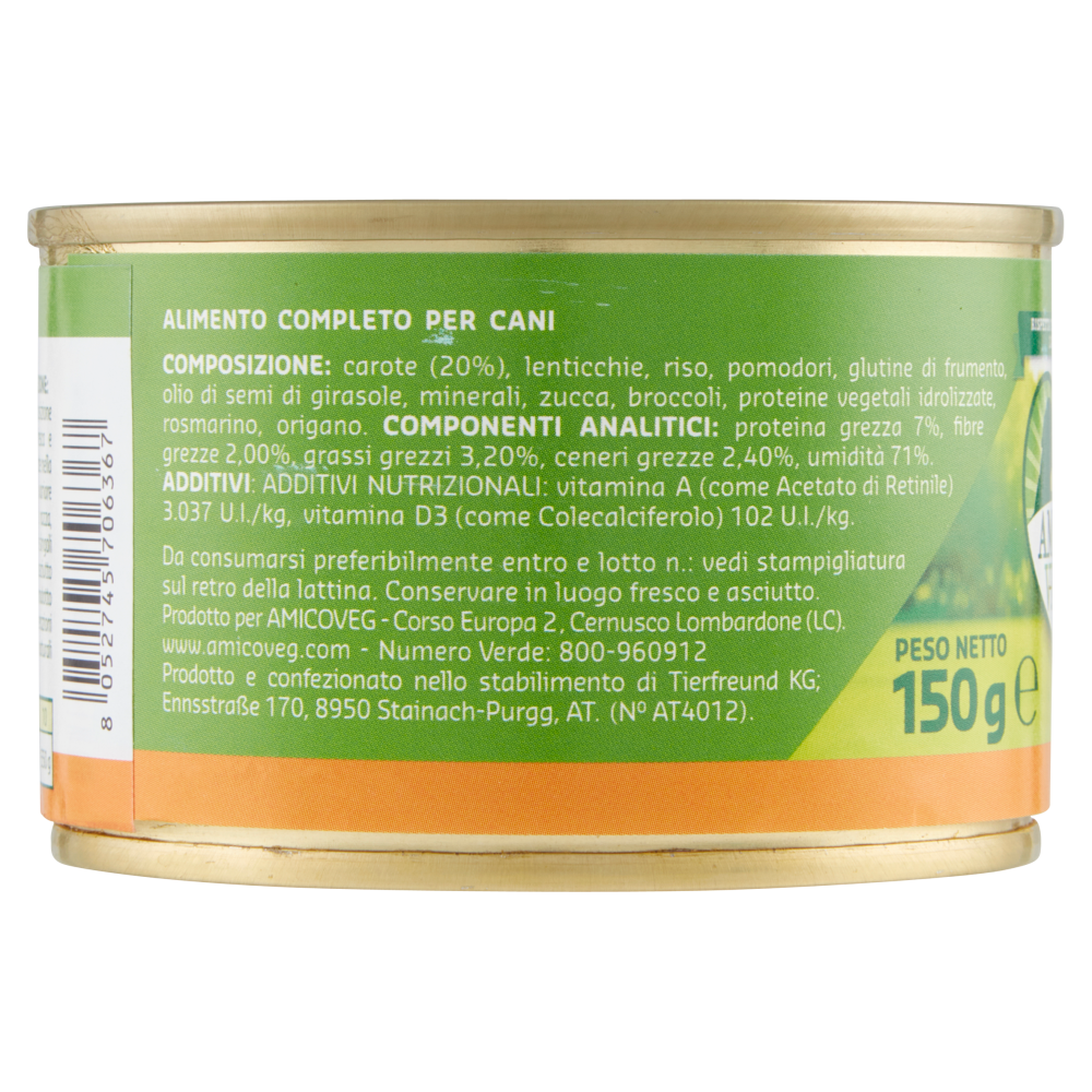 Amico Veg 100% Vegetal Alimento Completo per Cani Ricco di Carote 150 g