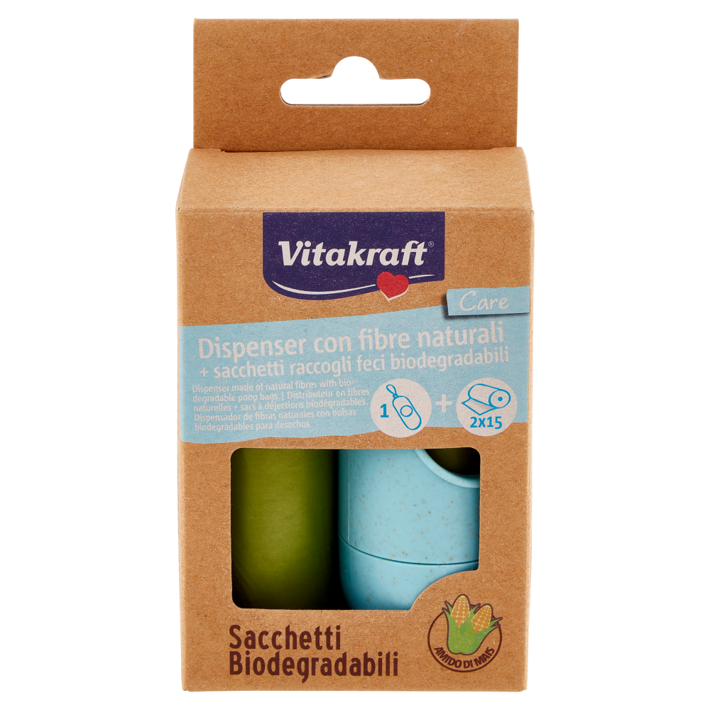 Vitakraft Care Dispenser con fibre naturali + sacchetti raccogli feci biodegradabili 2 x 15 pz