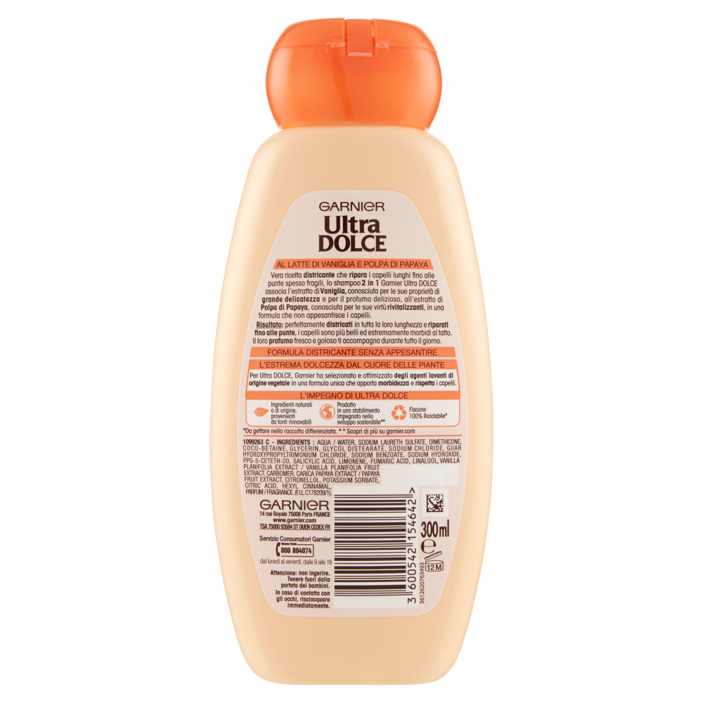 Garnier Ultra Dolce Shampoo 2in1 al latte di Vaniglia e polpa di Papaya per capelli lunghi, 300 ml