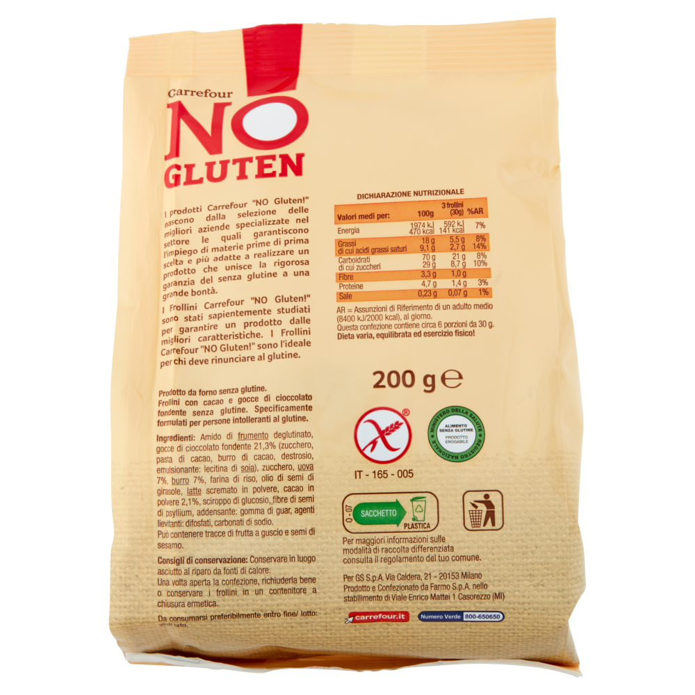 Carrefour No Gluten Frollini con Cacao e Gocce di Cioccolato Fondente 200 g