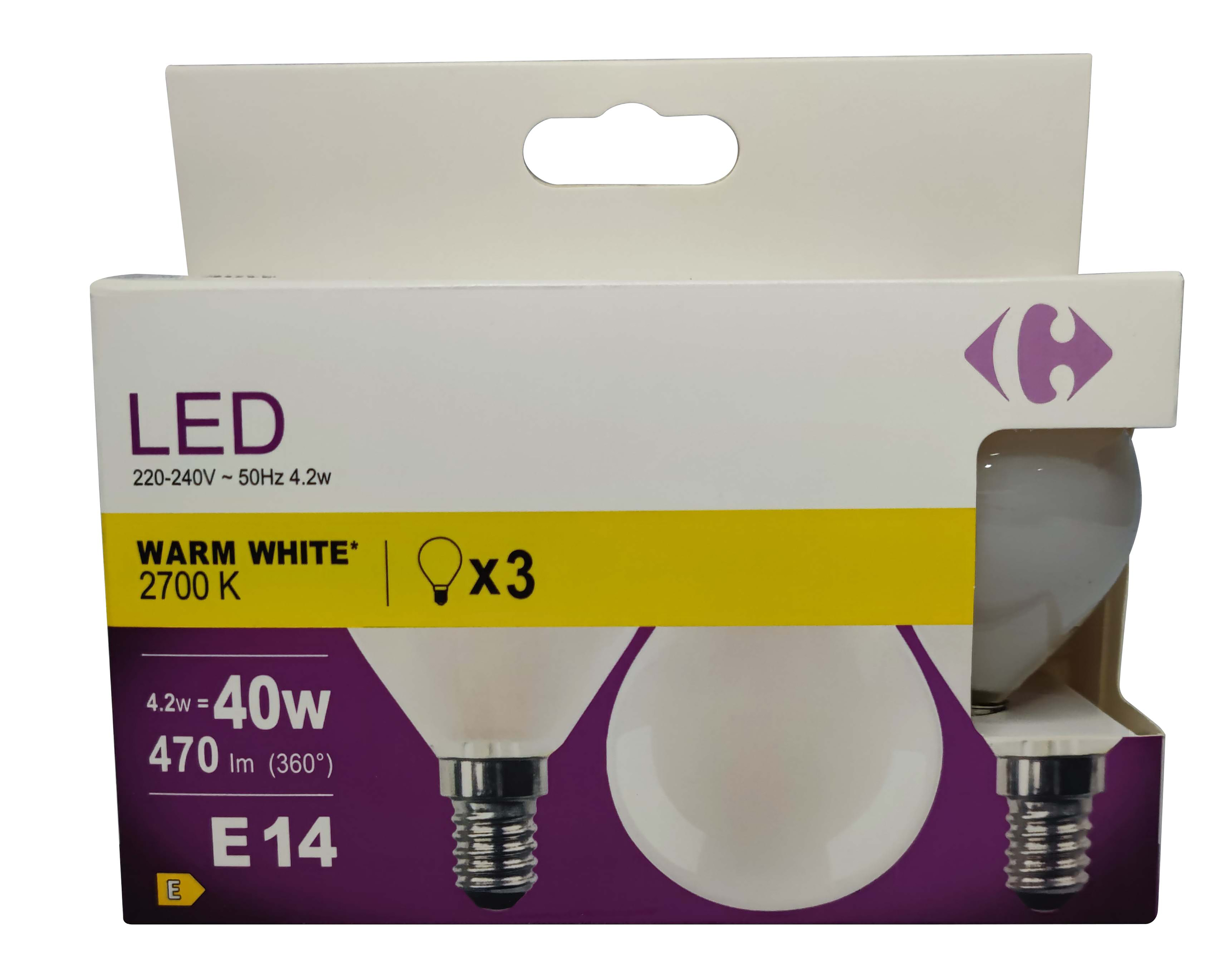 Carrefour 3 led sferica 40W, attacco E14, luce calda