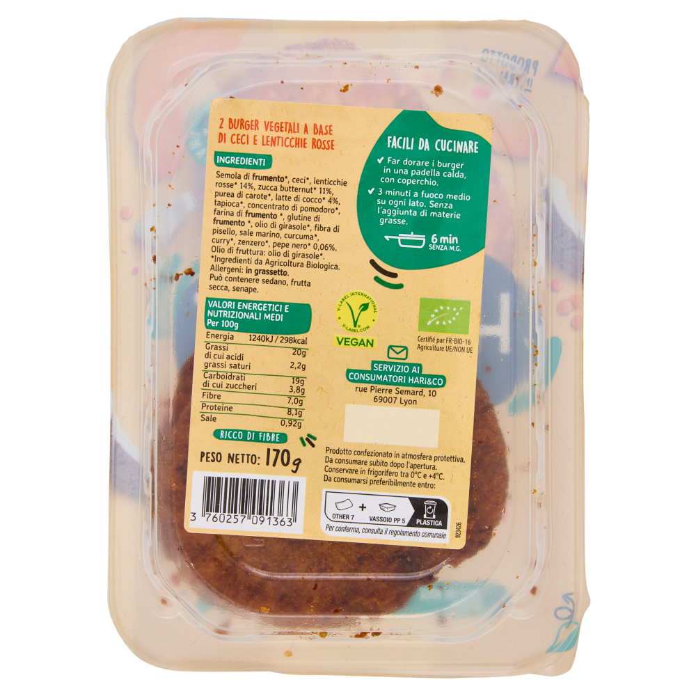 Hari&Co Burger Vegetali alle Lenticchie Rosse Butternut e Cocco Bio 170 g