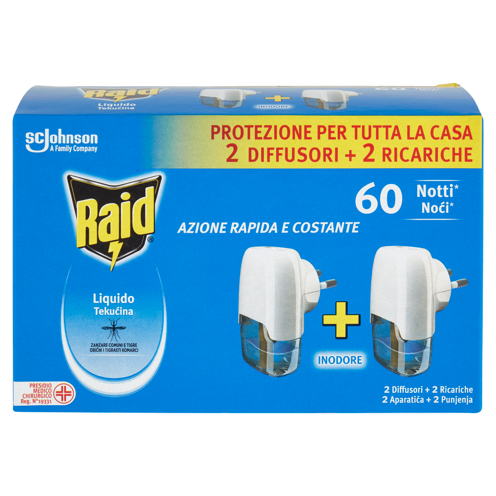 Raid Liquido Elettrico Antizanzare, Inodore, 60 Notti, 2 Diffusori e 2 Ricariche
