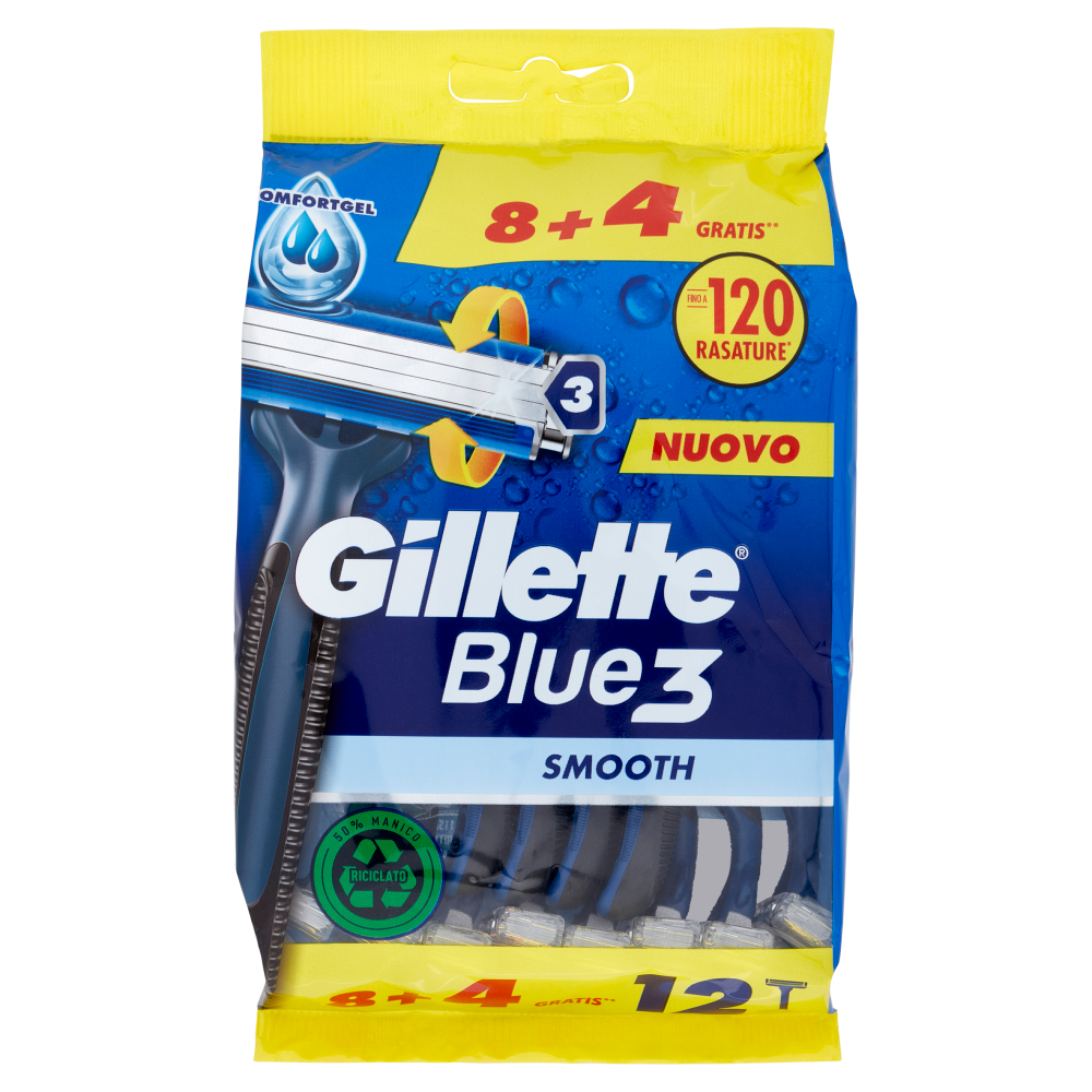 Gillette Rasoio Uomo Blue3 Smooth Usa e Getta a 3 Lame, Confezione da 8  rasoi + 4 Gratis = 12 Rasoi