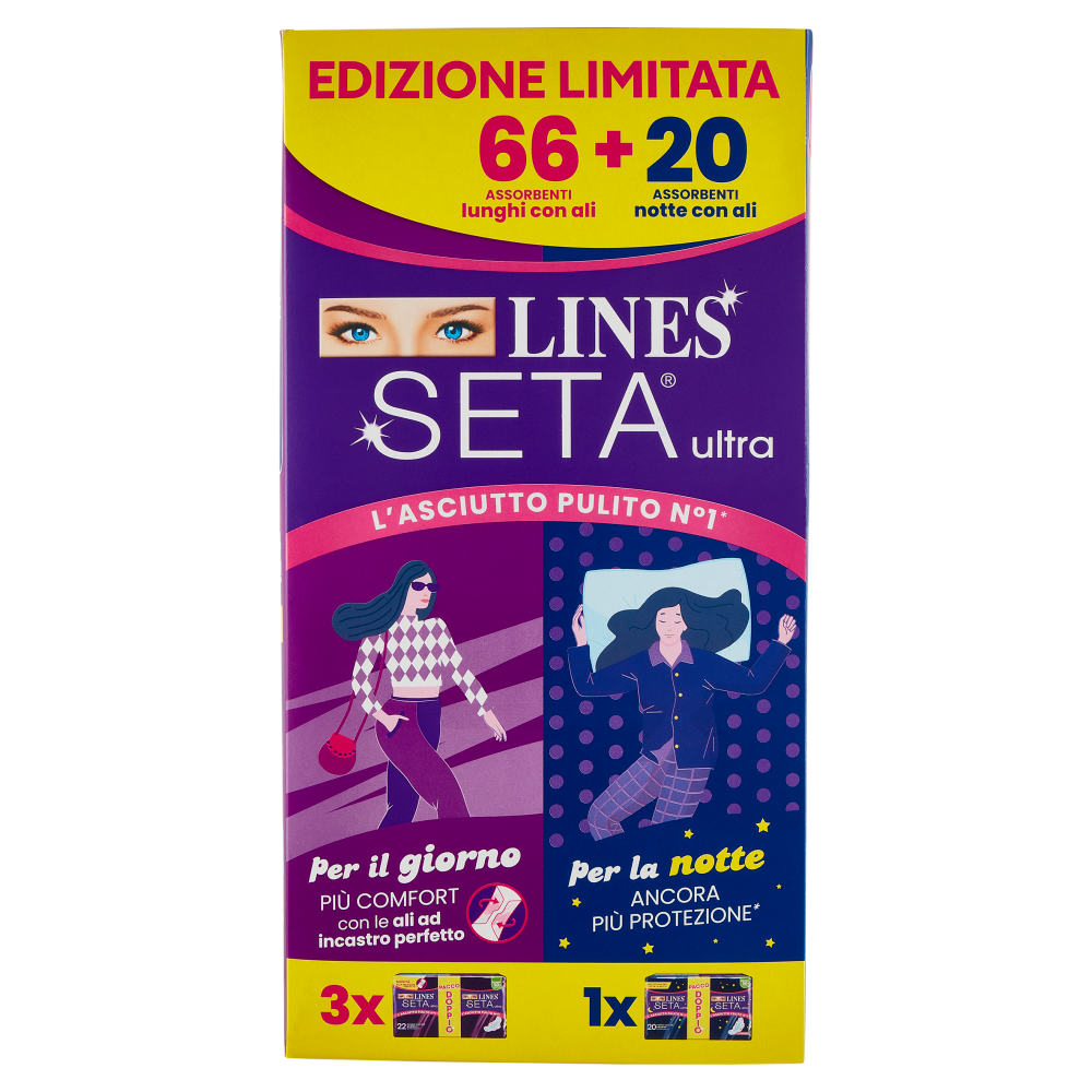 Lines Seta ultra Assorbenti lunghi con ali 66 pz + Assorbenti notte con ali 20 pz