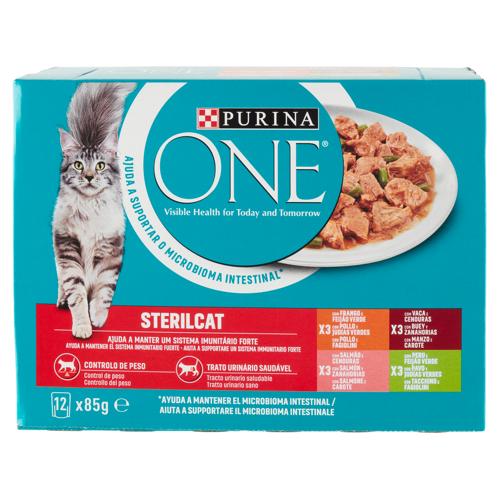 PURINA ONE umido Sterilcat Pollo Fagiolini, Manzo Carote, Salmone Carote, Tacchino Fagiolini 12x85g