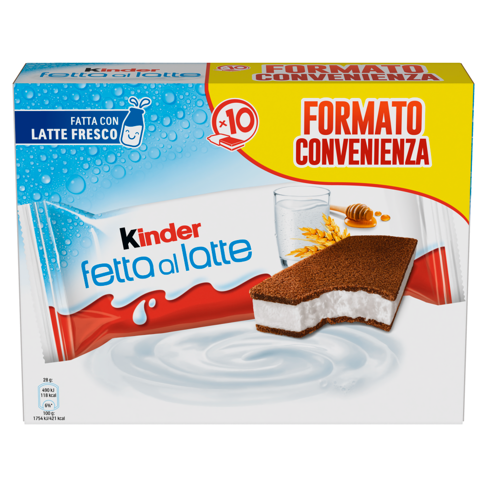 Kinder Fetta al Latte: Merenda con due strati di pan di spagna e ripieno al latte e miele 10x28g