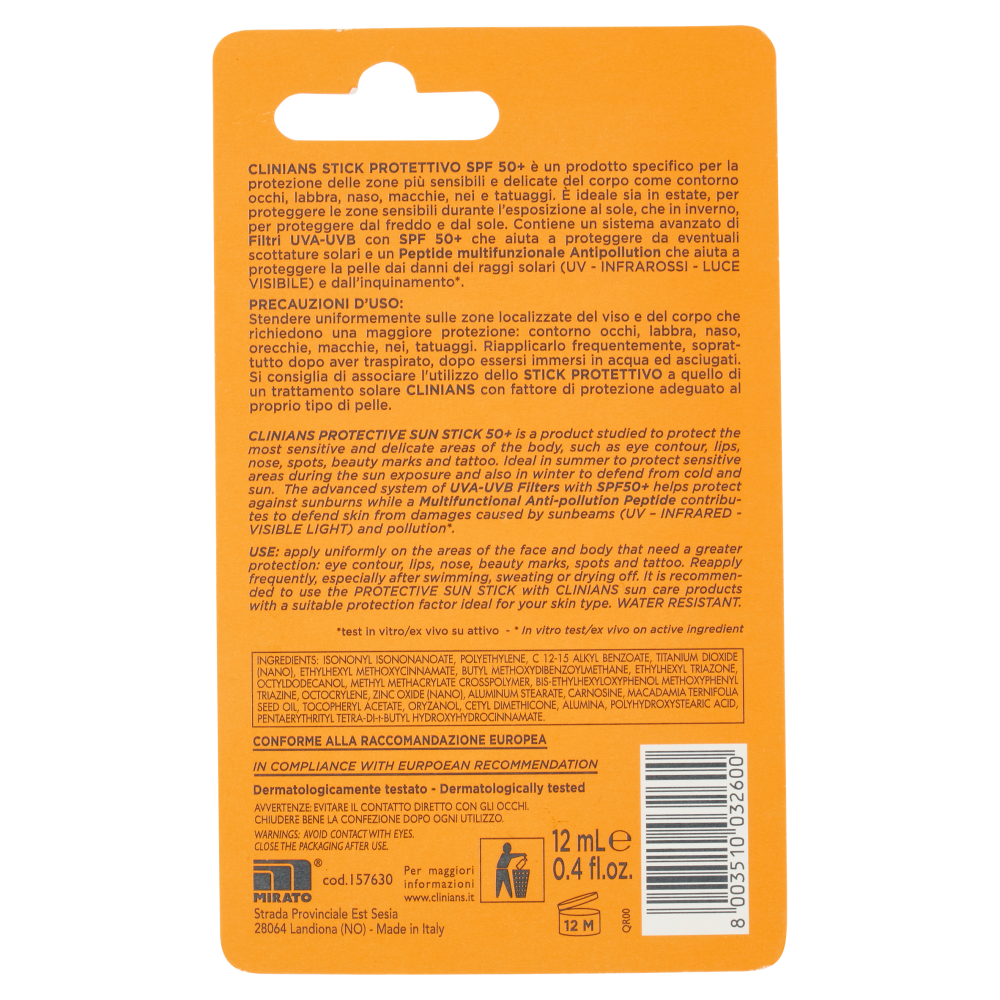 Clinians Bellezza Solare Stick Protettivo Zone Sensibili SPF 50+ Molto Alta UVA + UVB 12 mL