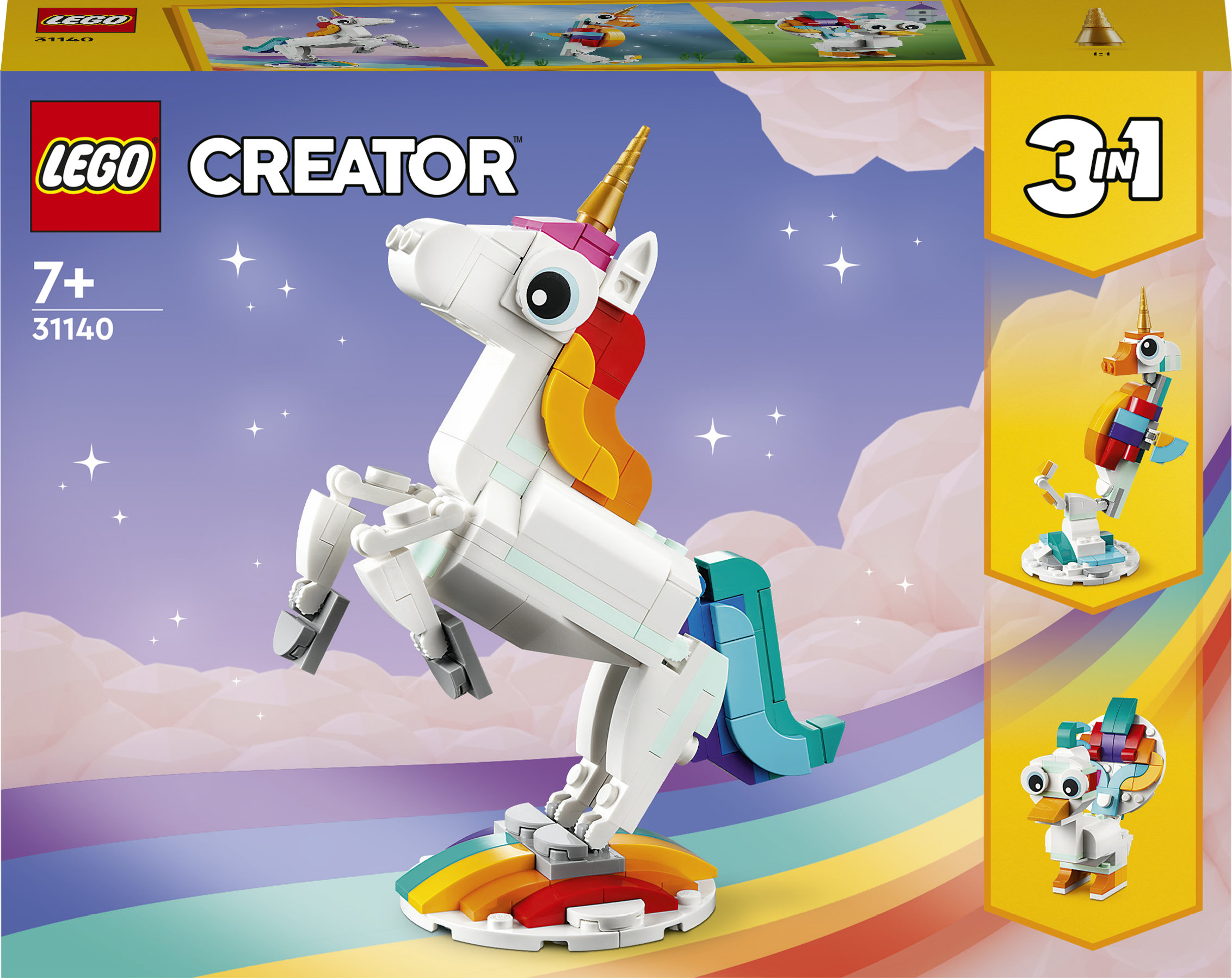 LEGO Creator 31140 Unicorno Magico con Arcobaleno, Set 3 in 1 con Animali Giocattolo Fantastici, Cavalluccio Marino e Pavone