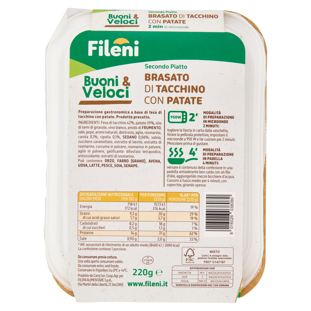 Fileni Buoni & Veloci Secondo Piatto Brasato di Tacchino con Patate 220 g