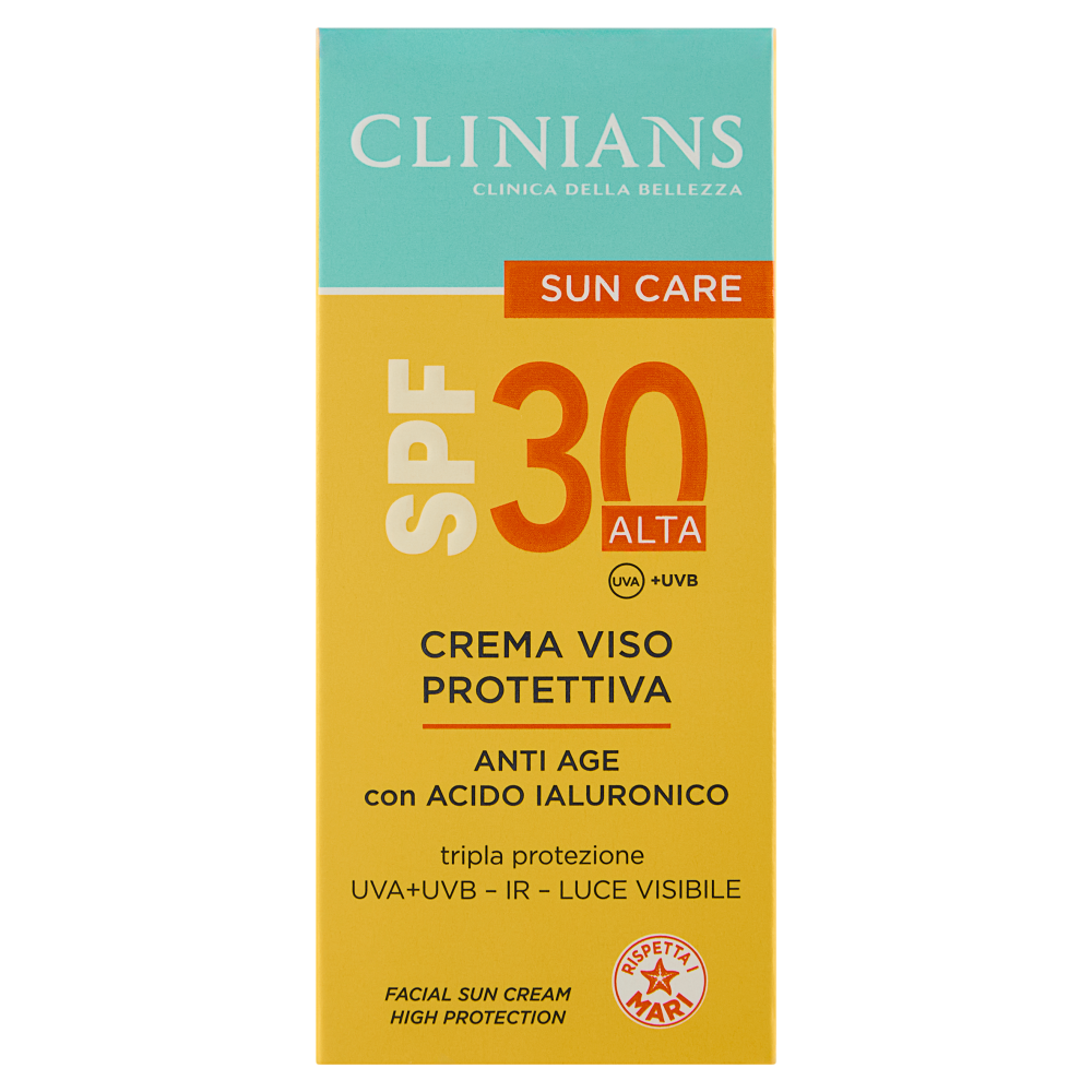 Clinians Sun Care Crema Viso Protettiva Anti Age con Acido Ialuronico SPF 30 Alta 50 mL