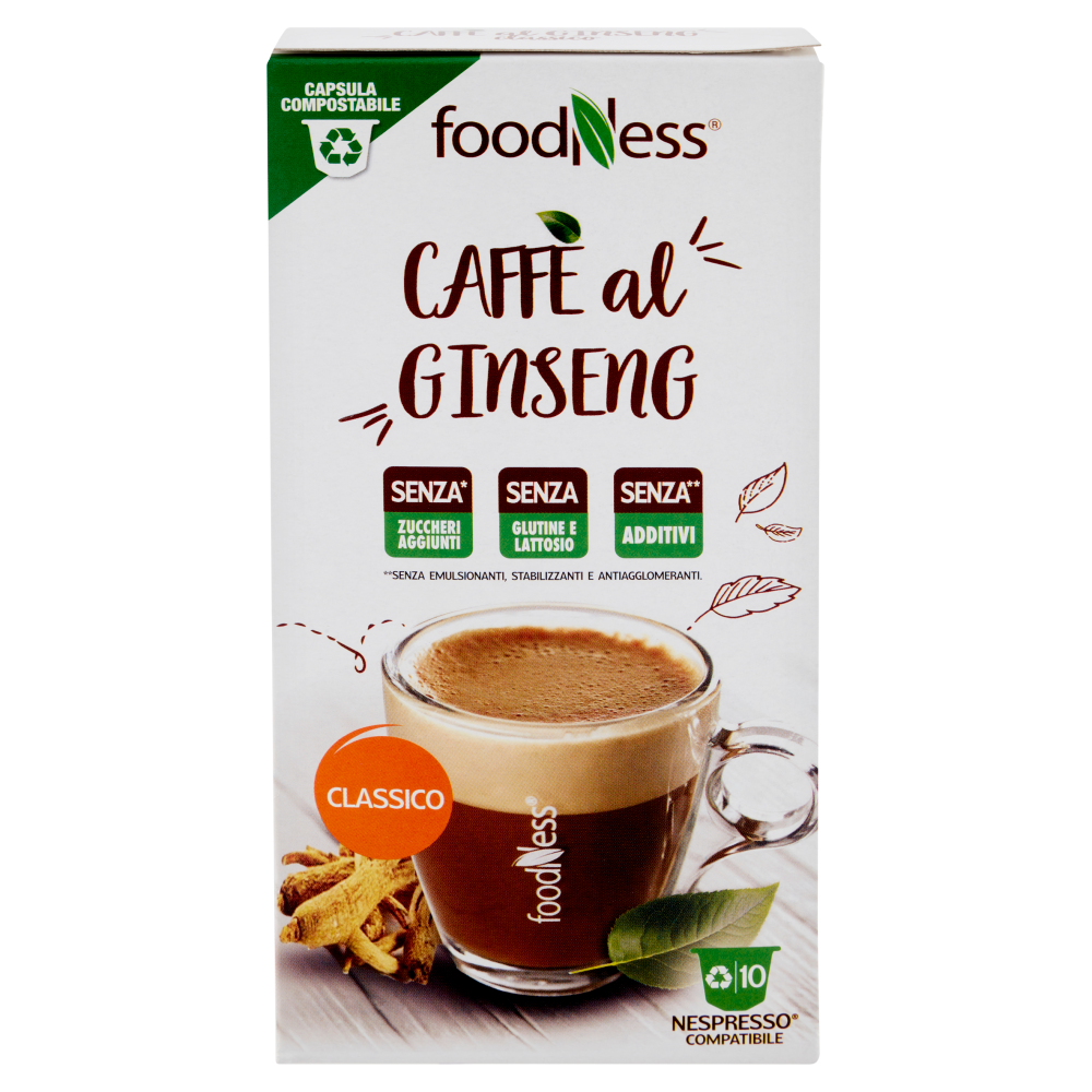 foodNess Caffè al Ginseng Classico Compostabile Nespresso Compatibile 10 x 7 g