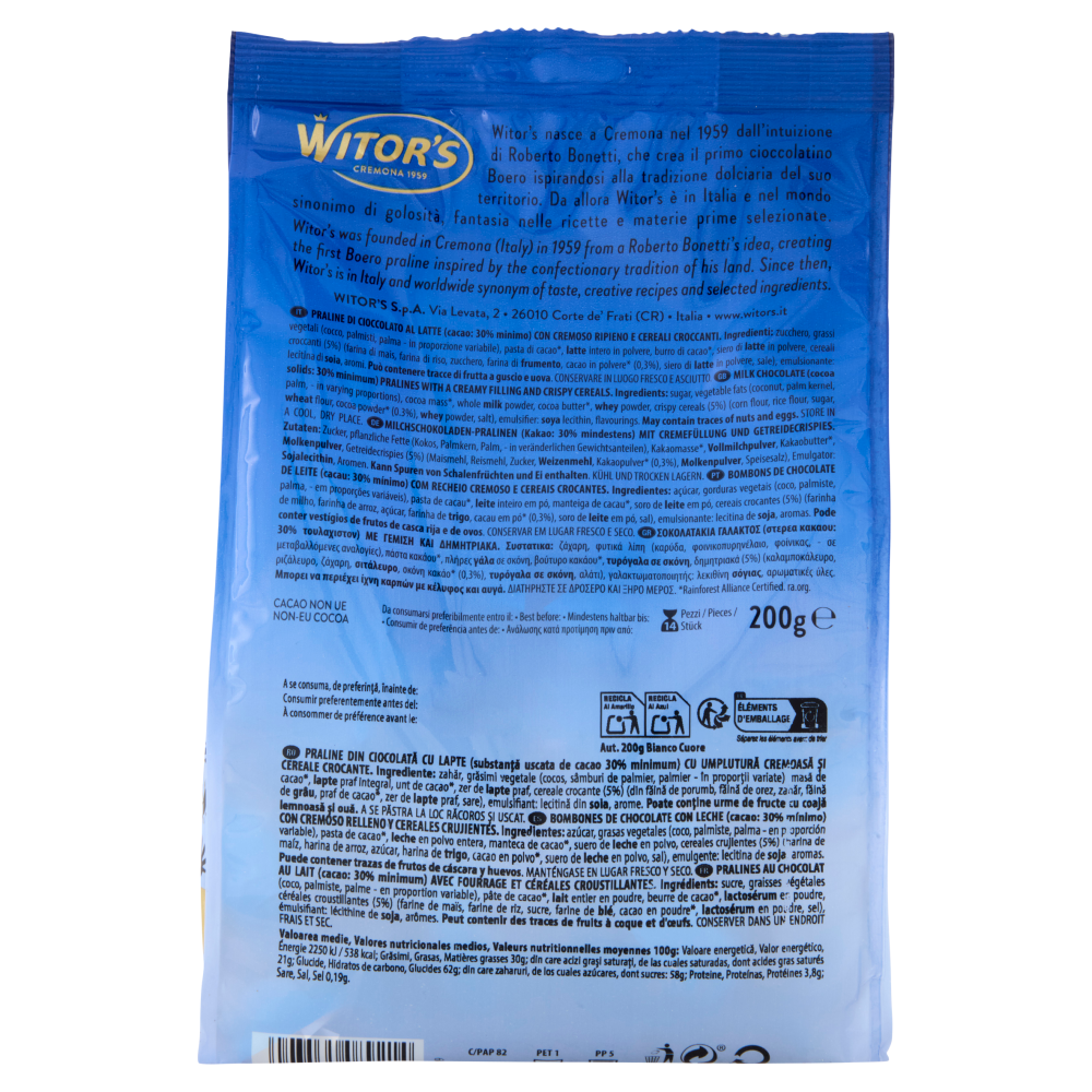 Witor's Bianco Cuore Cioccolato al Latte con Cereali al Cacao 200 g