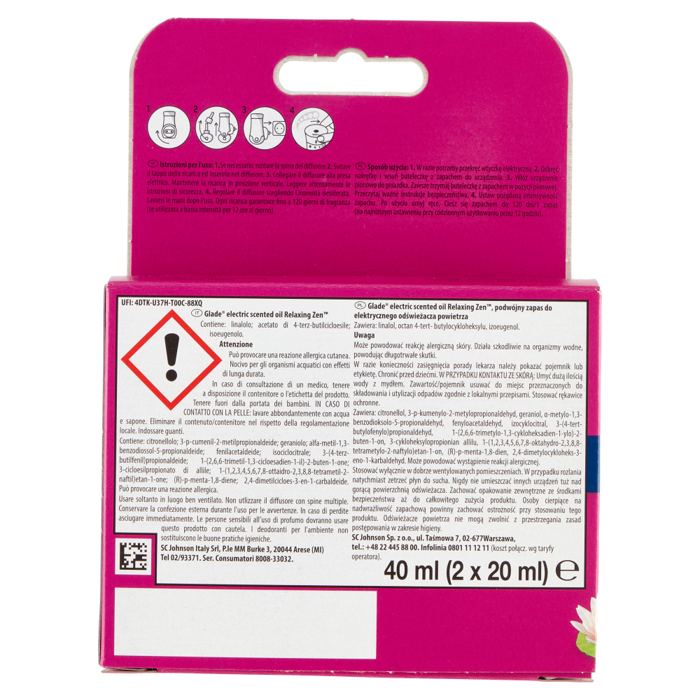 Glade® Liquido Elettrico Doppia Ricarica, Profumatore per ambienti, Fragranza Relaxing Zen 2X20ml