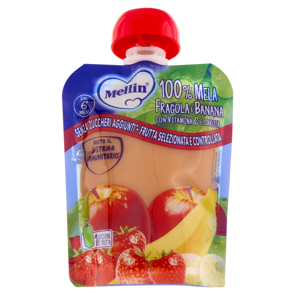 MELLIN Merenda di Frutta 100% con Carota e Vit C, Mela Fragola e Banana, dal 6&deg; mese, Pouch 90 g
