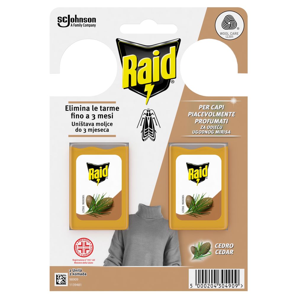 Raid Anti Tarme Gel Vestiti, Per Capi Piacevolmente Profumati, Fragranza al Cedro, 2 Pezzi
