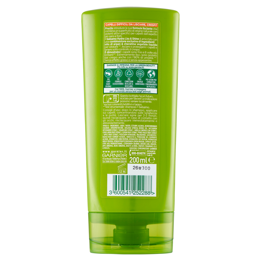 Garnier Balsamo Fructis Hydra Liss & Shine, per Capelli Secchi o Crespi, 200 ml