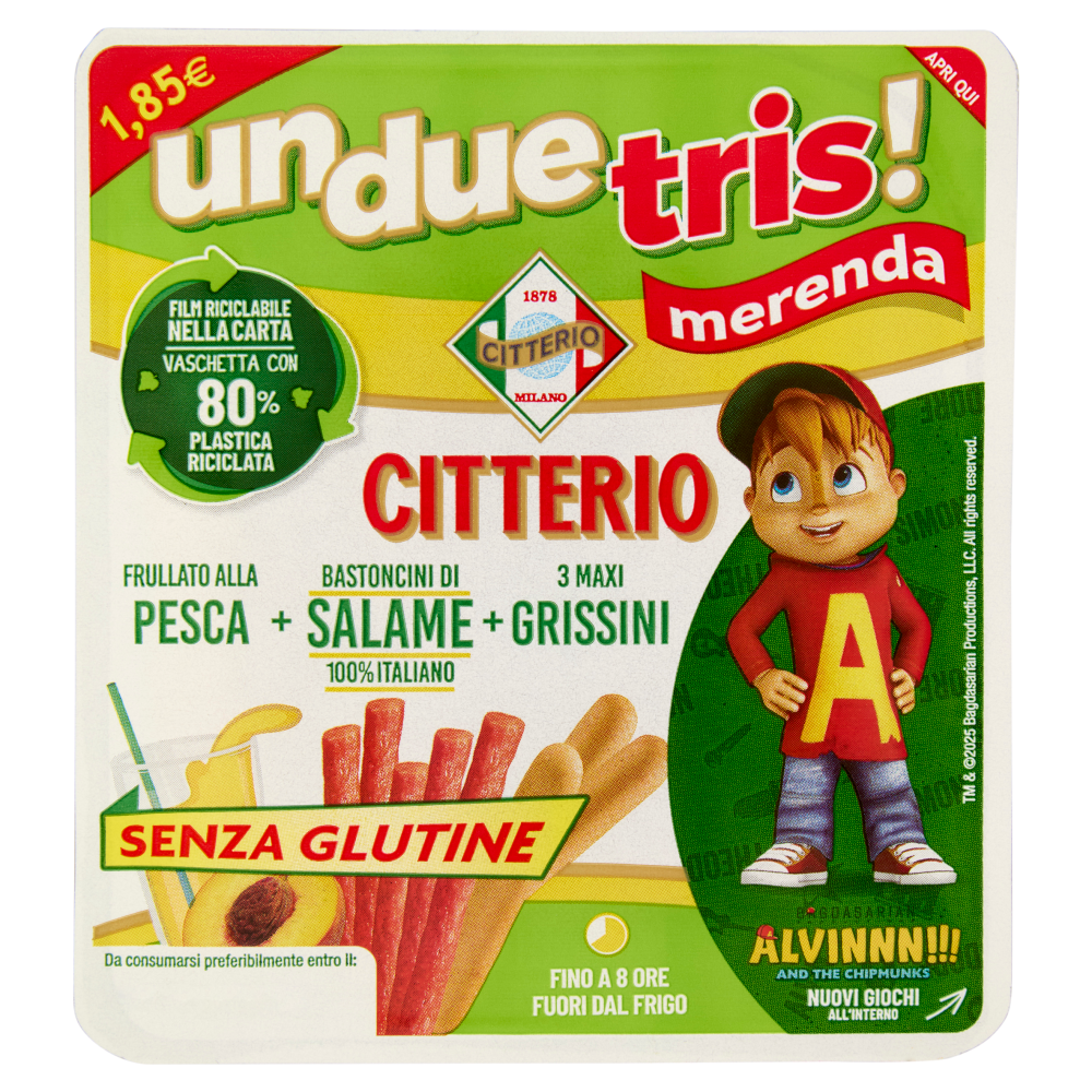 Citterio UnDueTris! merenda Frullato alla Pesca + Bastoncini di Salame + Grissini Senza Glutine 160g