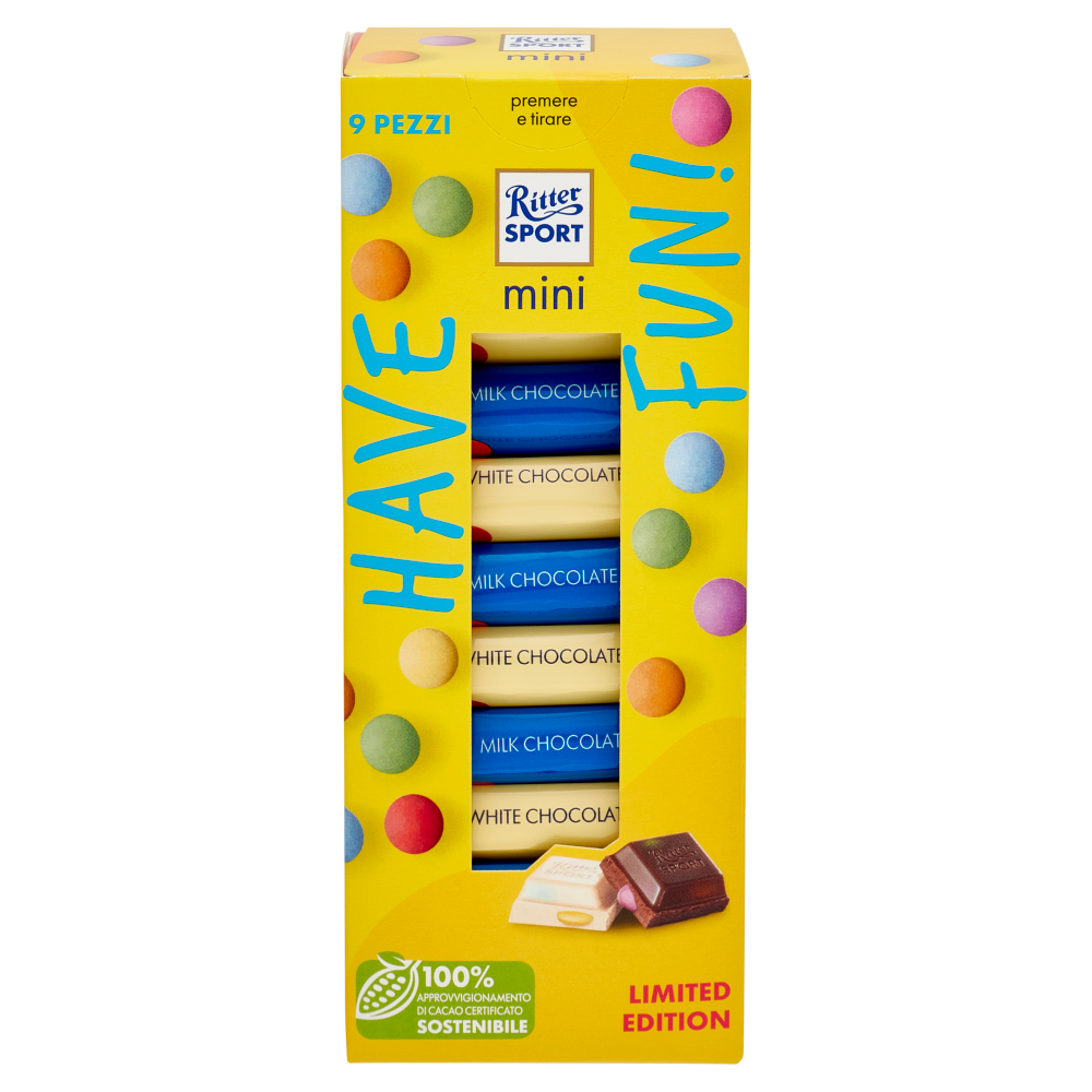 Ritter Sport mini con Confetti Colorati Milk Chocolate 5pz + White Chocolate 4 pz 9 x 16,67 g