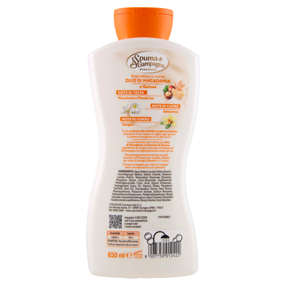 Spuma di Sciampagna Benessere Olio di Macadamia e Quinoa Bagnodoccia crema Vellutante 650 ml