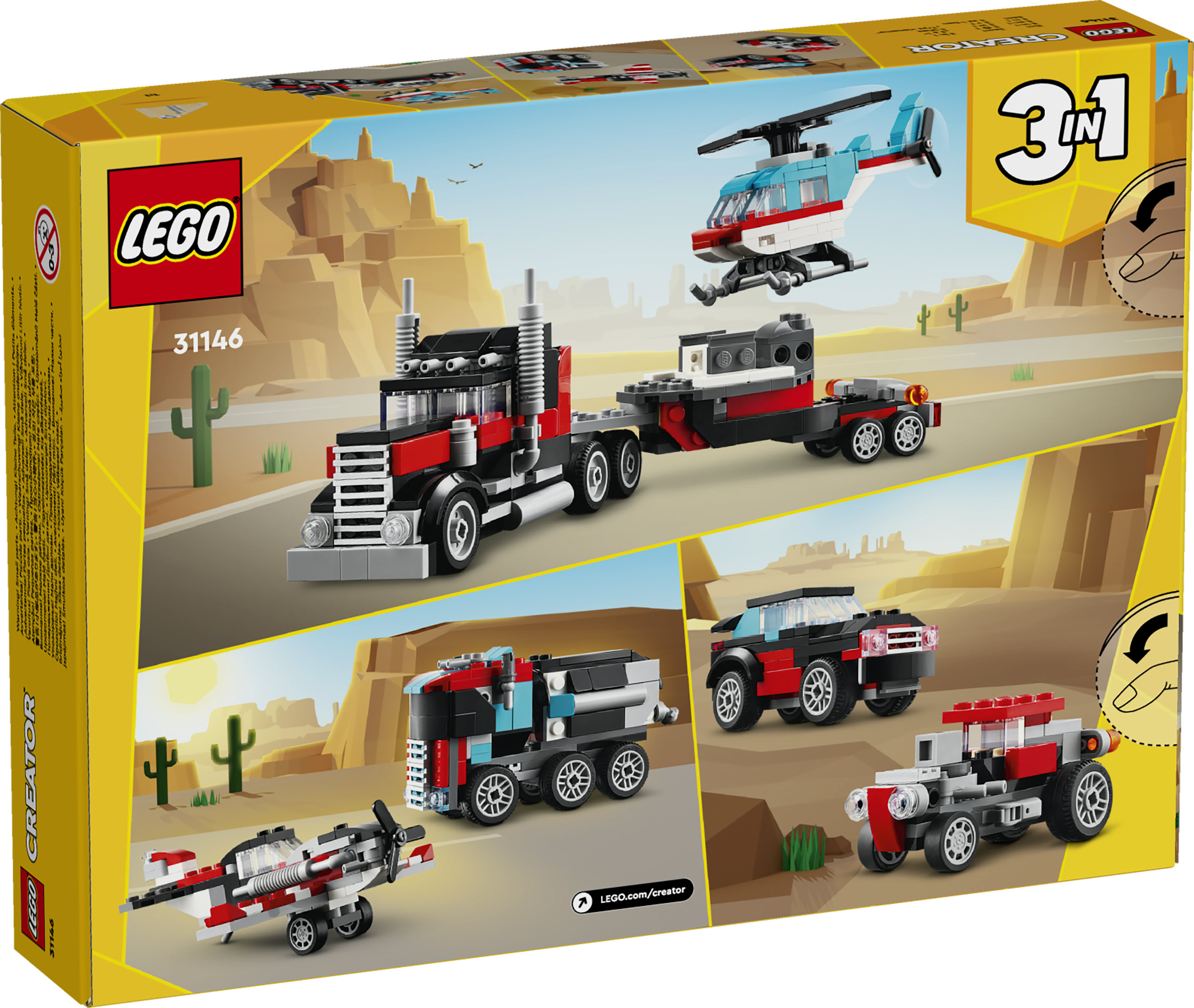 LEGO Creator 31146 3in1 Autocarro con Elicottero, Giochi per Bambini 7+ Anni Ricostruibile in Aereo e Cisterna o Auto e SUV