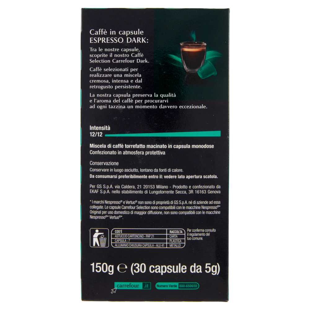 Carrefour Selection Espresso Dark Intensità 12 Capsule 30 x 5 g