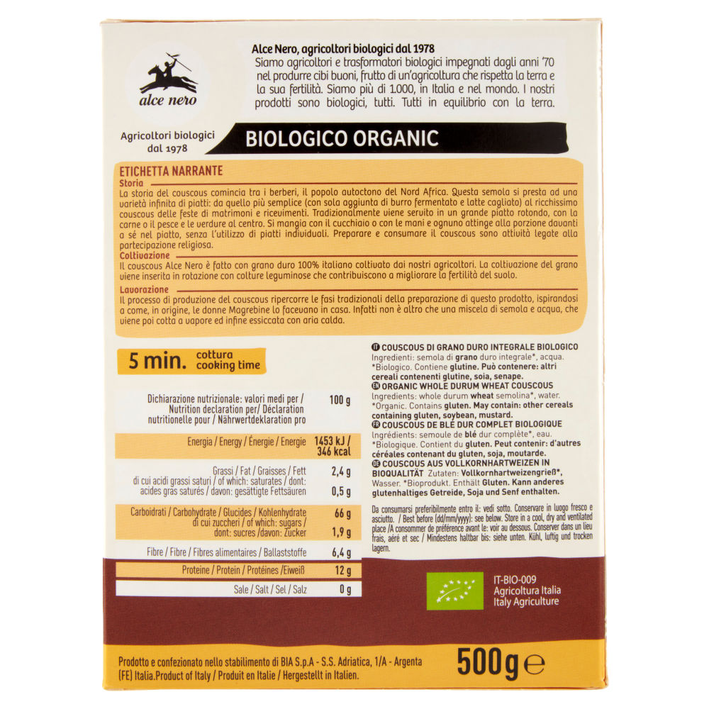 alce nero Couscous di Grano Duro Integrale 500 g